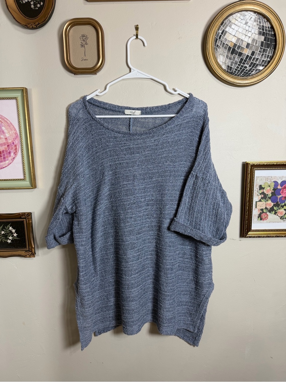 easel Heathered Blue Scoop Neck Boxy Knit Sweater